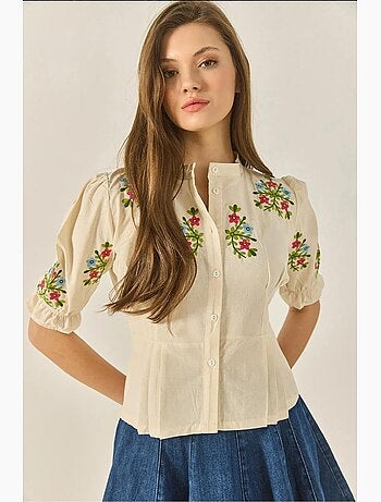 Chemise en lin à manches élastiques et broderie florale bianco lucci