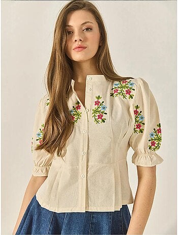 Chemise en lin à manches élastiques et broderie florale bianco lucci