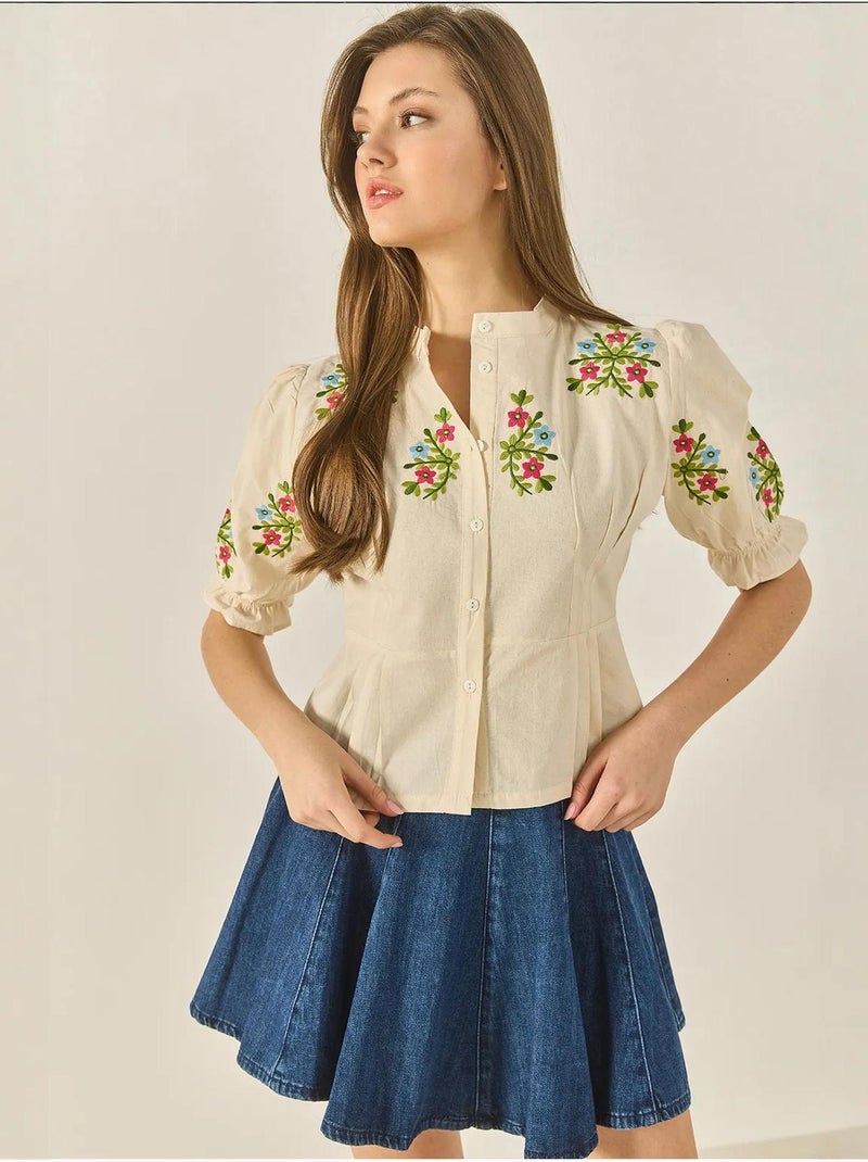 Chemise en lin à manches élastiques et broderie florale bianco lucci Beige argile - Kiabi
