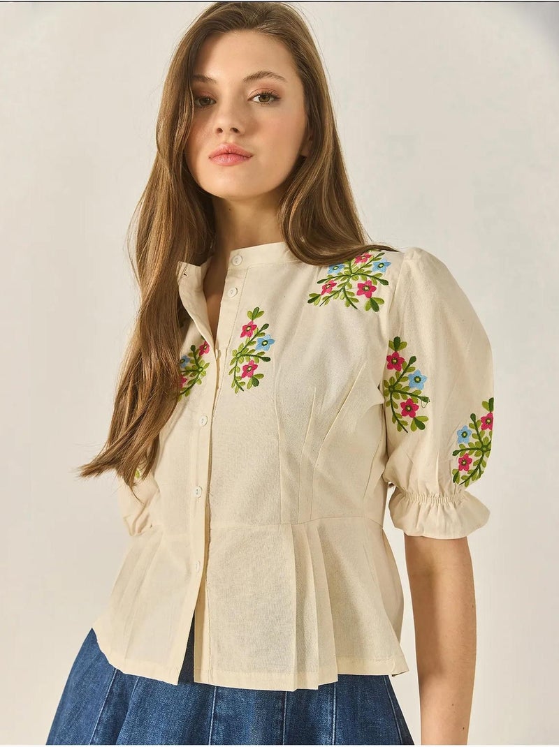 Chemise en lin à manches élastiques et broderie florale bianco lucci Beige argile - Kiabi
