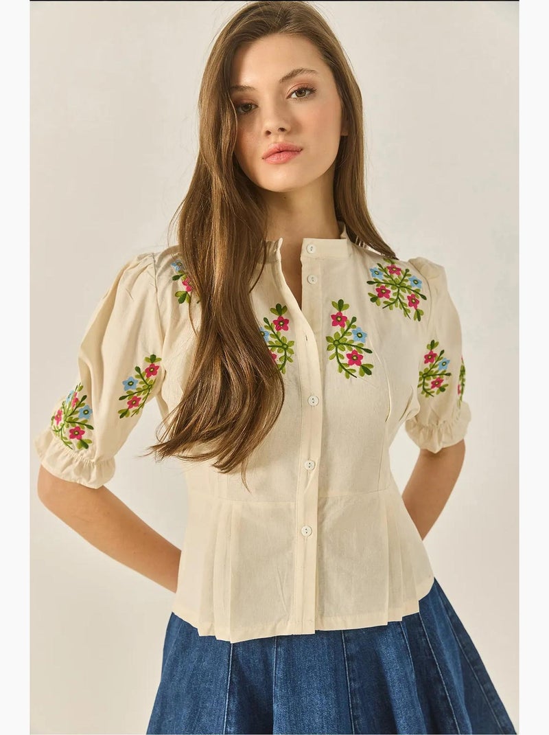 Chemise en lin à manches élastiques et broderie florale bianco lucci Beige argile - Kiabi