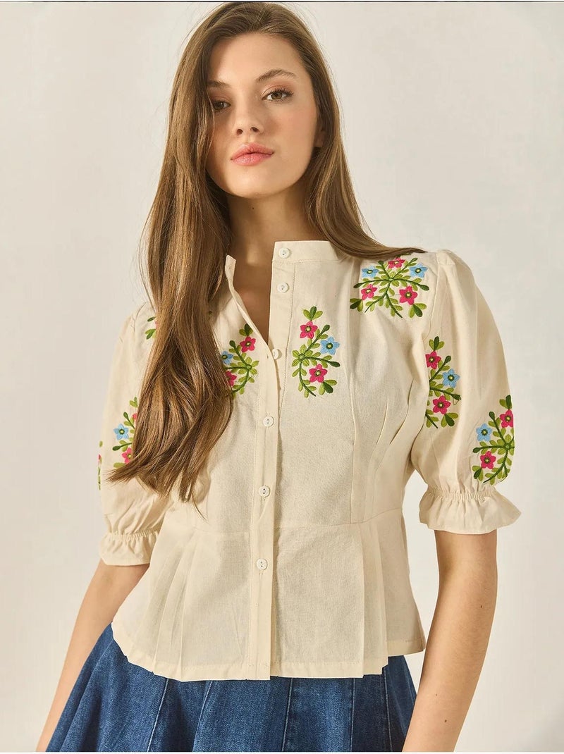 Chemise en lin à manches élastiques et broderie florale bianco lucci Beige argile - Kiabi
