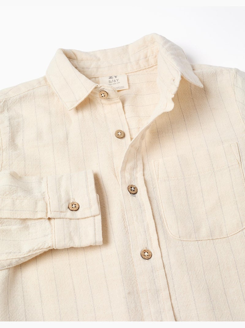 Chemise en lin à manches longues et rayures Beige - Kiabi