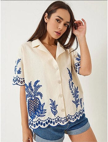 Chemise en lin brodée à manches courtes et col en dentelle bianco lucci