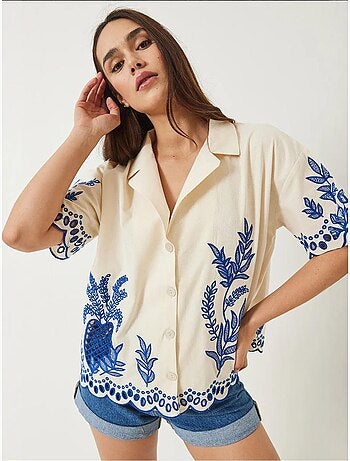 Chemise en lin brodée à manches courtes et col en dentelle bianco lucci
