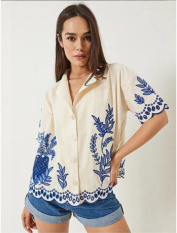 Chemise en lin brodée à manches courtes et col en dentelle bianco lucci