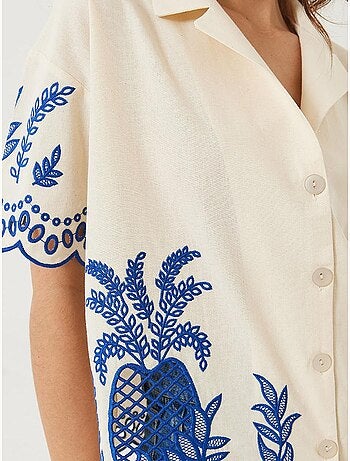 Chemise en lin brodée à manches courtes et col en dentelle bianco lucci