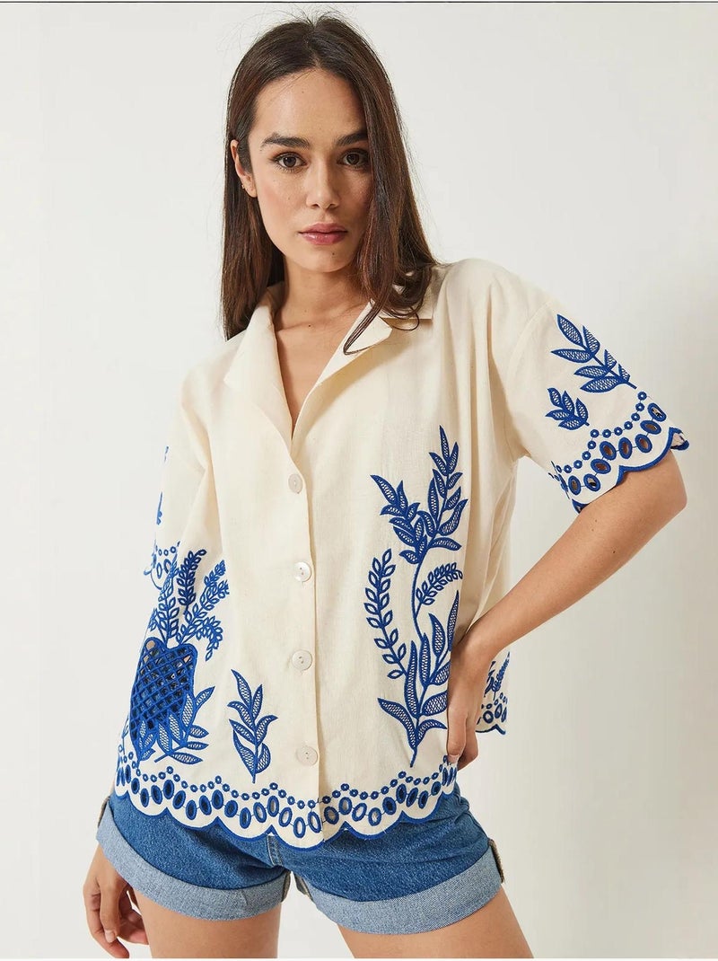 Chemise en lin brodée à manches courtes et col en dentelle bianco lucci Crème - Kiabi