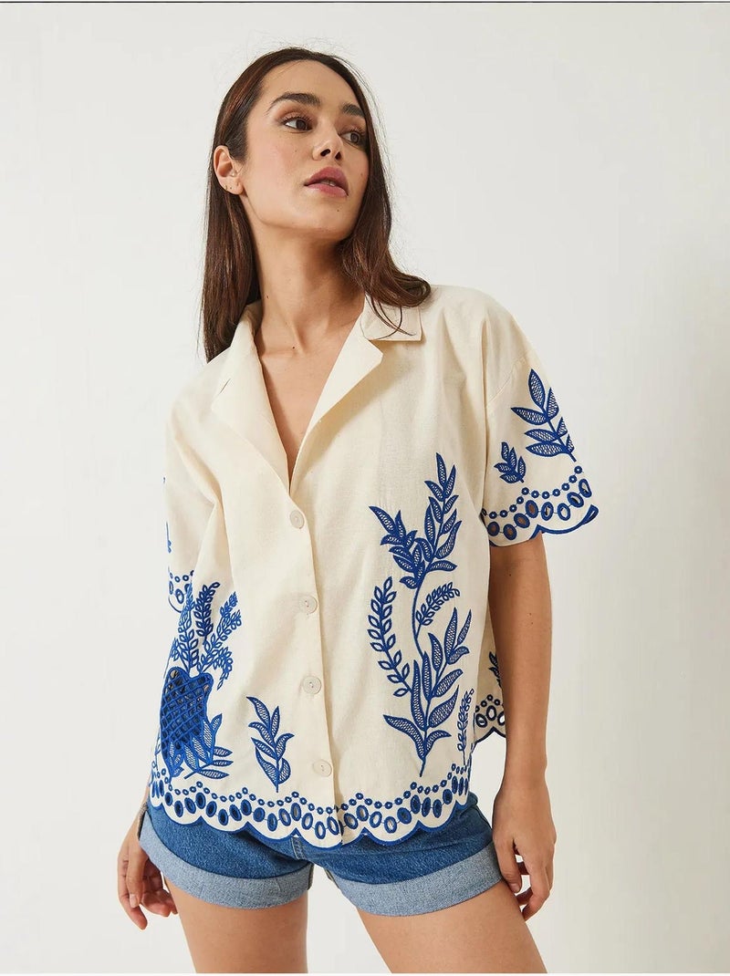 Chemise en lin brodée à manches courtes et col en dentelle bianco lucci Crème - Kiabi