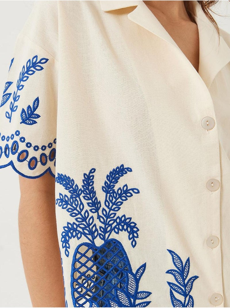 Chemise en lin brodée à manches courtes et col en dentelle bianco lucci Crème - Kiabi