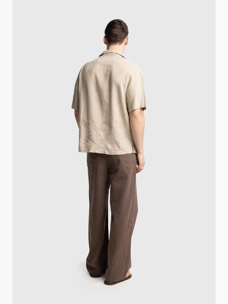 Chemise en lin brodée à manches courtes et col ouvert giesto Beige argile - Kiabi