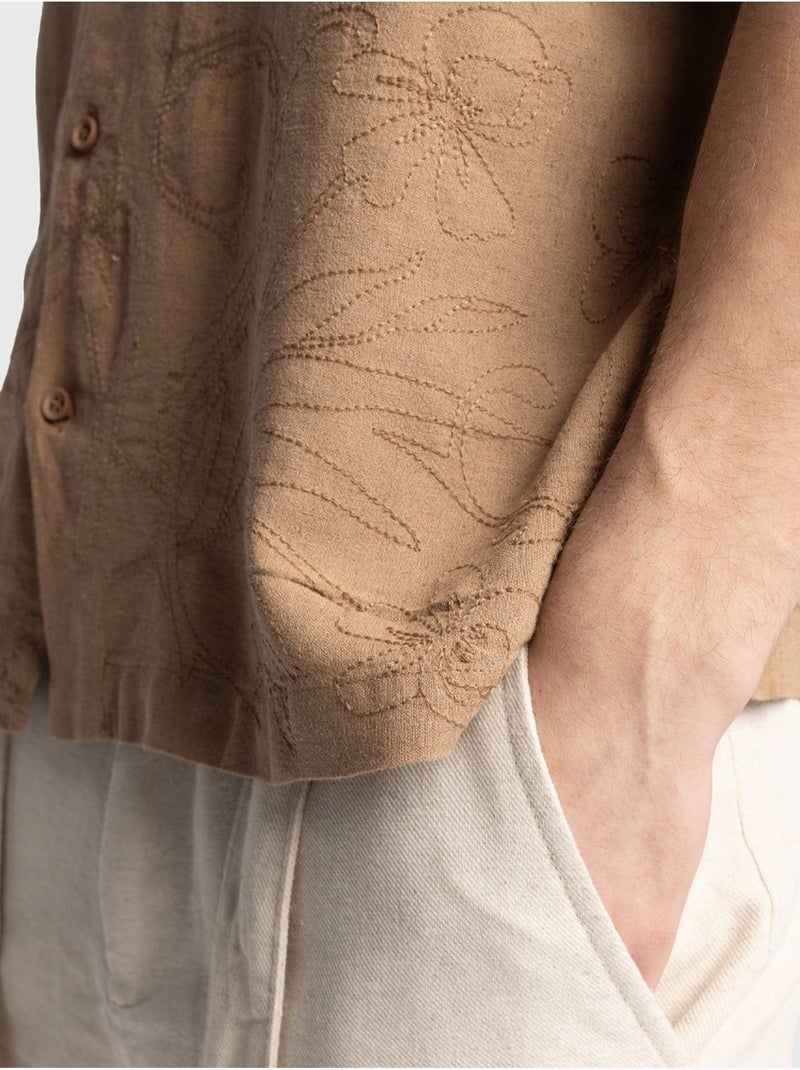 Chemise en lin brodée à manches courtes et col ouvert giesto Grège - Kiabi