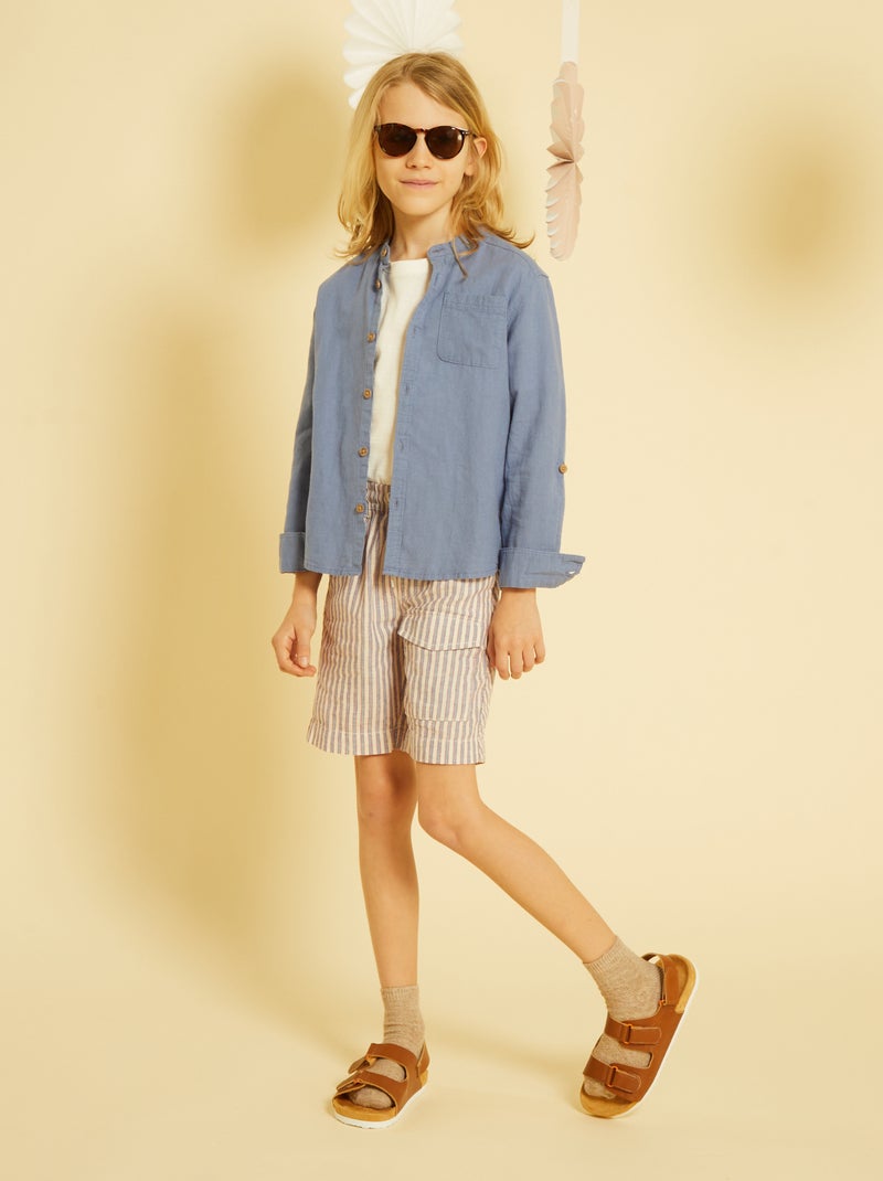 Chemise en lin col mao bleu grisé - Kiabi