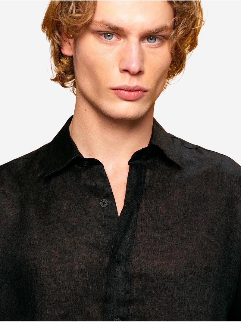 Chemise en lin coupe classique avec fermeture à boutons giesto Noir - Kiabi