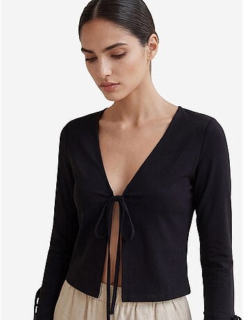 Chemise en lin courte à col en v et détail nœud papillon my fashion