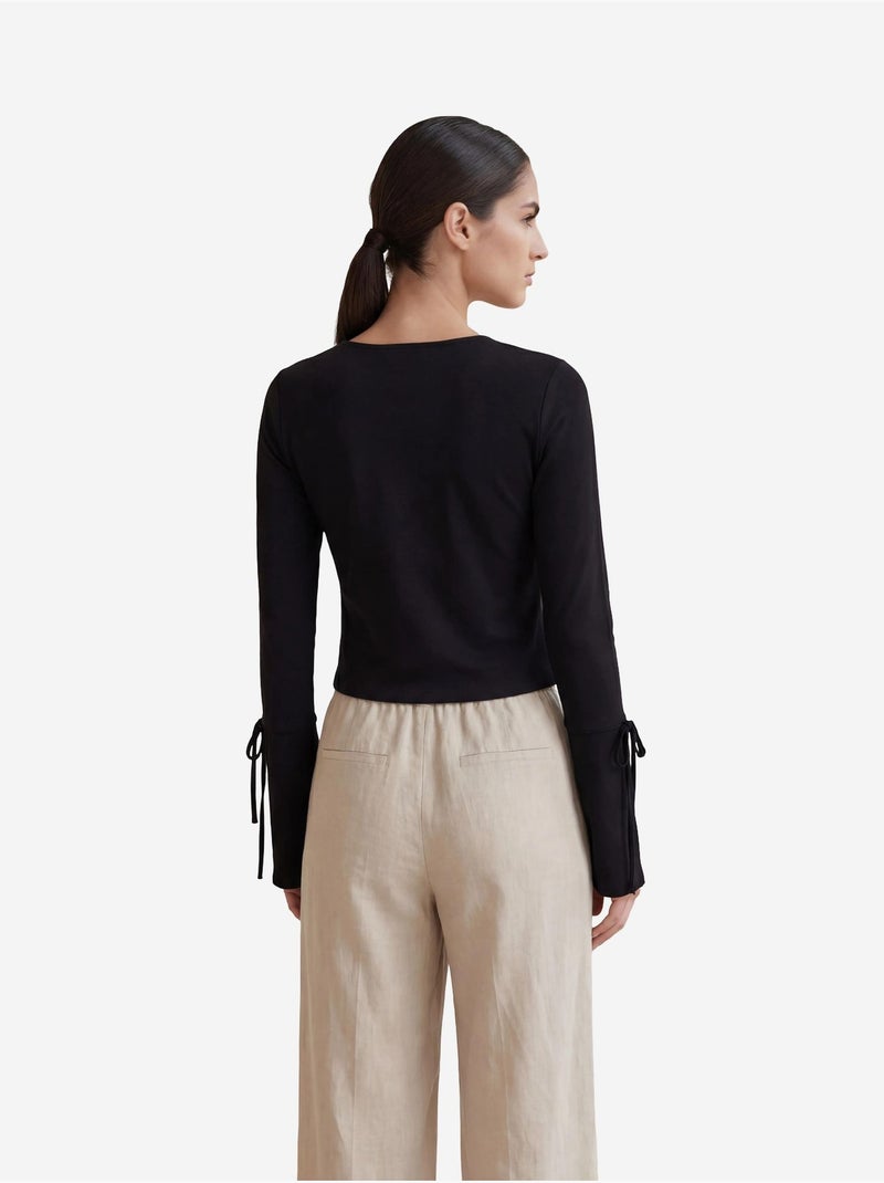 Chemise en lin courte à col en v et détail nœud papillon my fashion Noir - Kiabi