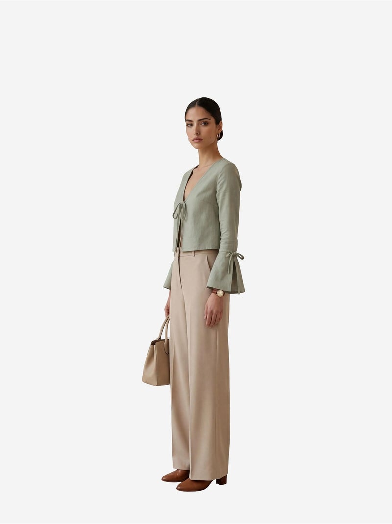 Chemise en lin courte à col en v et détail nœud papillon my fashion Vert pastel - Kiabi