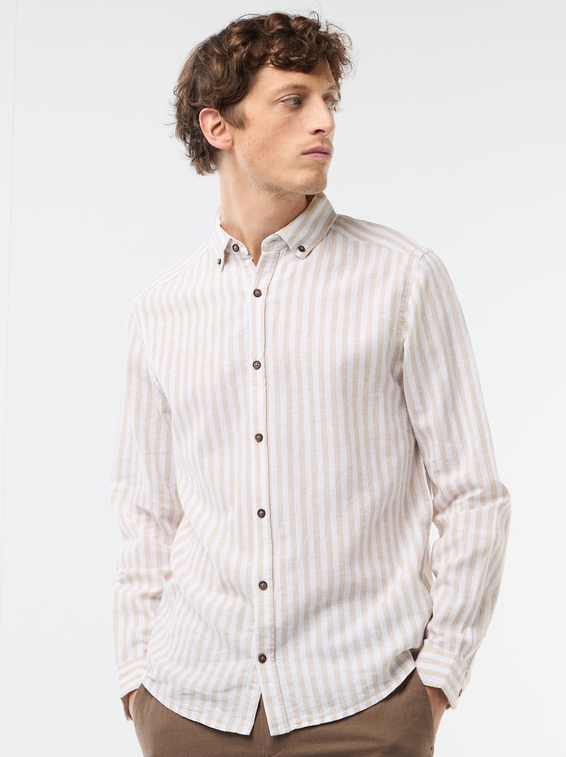 Chemise en lin et coton rayée Beige - Kiabi