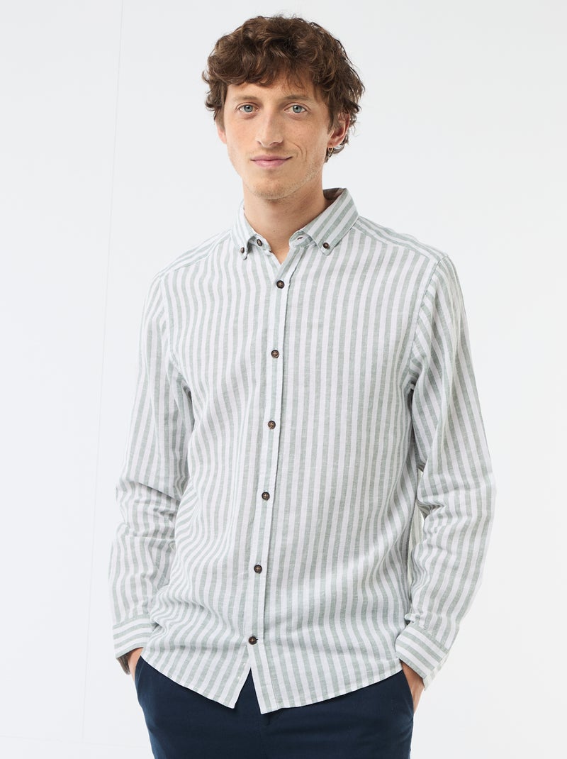 Chemise en lin et coton rayée Vert - Kiabi