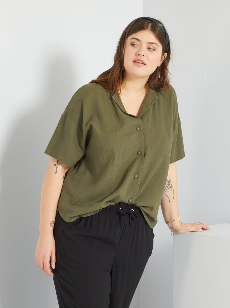 Chemise en lin manches courtes kaki - Kiabi