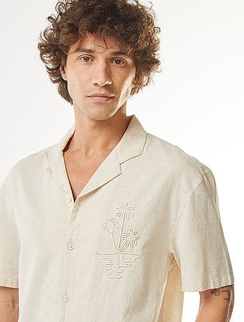 Chemise en lin mélangé à manches courtes et avec broderies