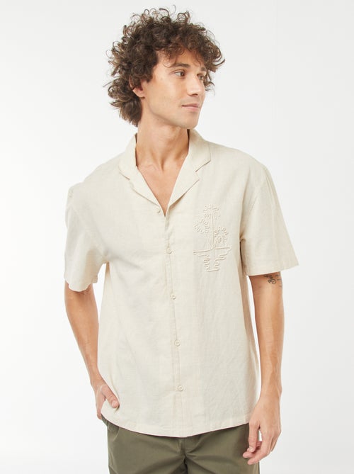 Chemise en lin mélangé à manches courtes et avec broderies - Kiabi