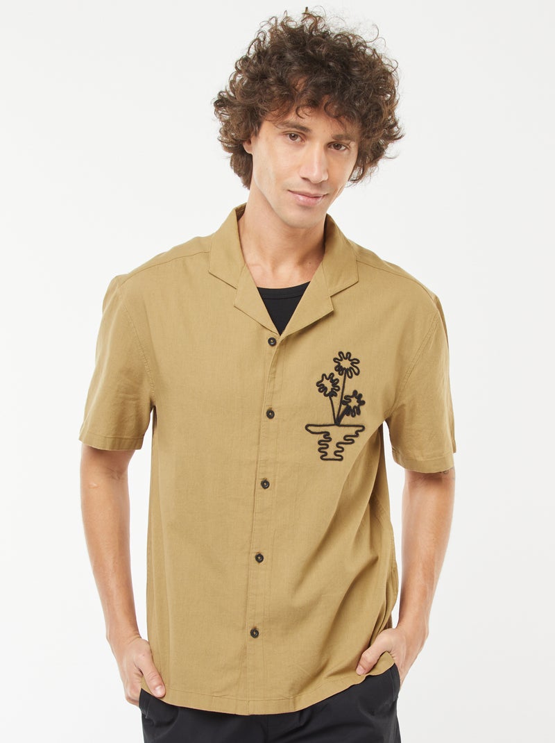 Chemise en lin mélangé à manches courtes et avec broderies Kaki - Kiabi