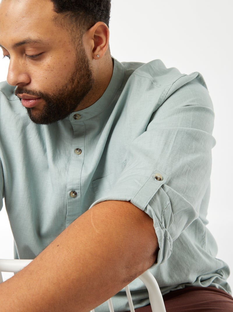 Chemise en lin mélangé avec manches longues retroussables Bleu vert - Kiabi