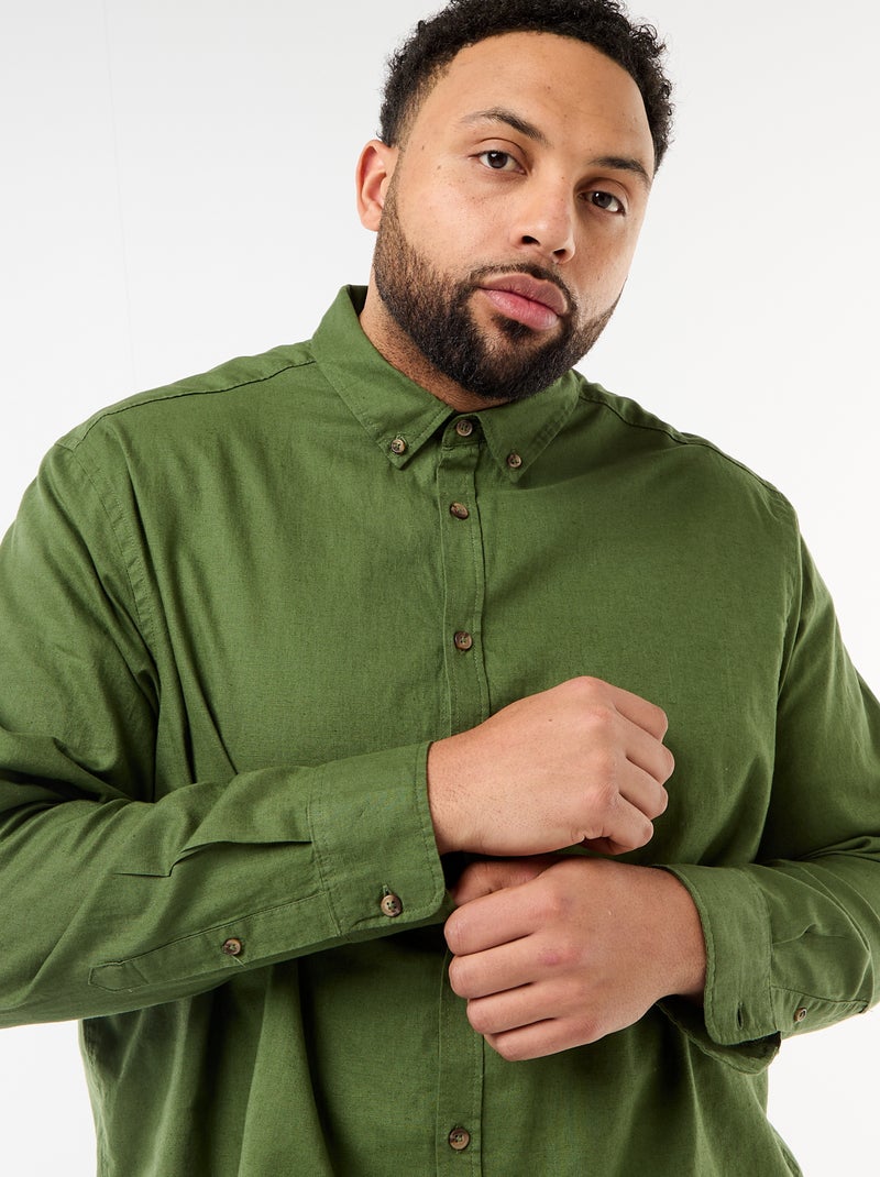 Chemise en lin mélangé unie Vert - Kiabi