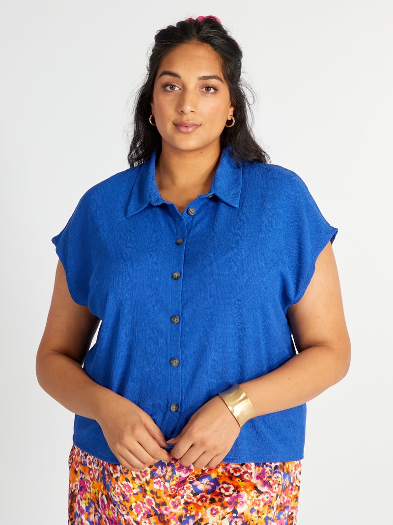 Chemise en maille crêpe et manches extra-courtes Bleu - Kiabi