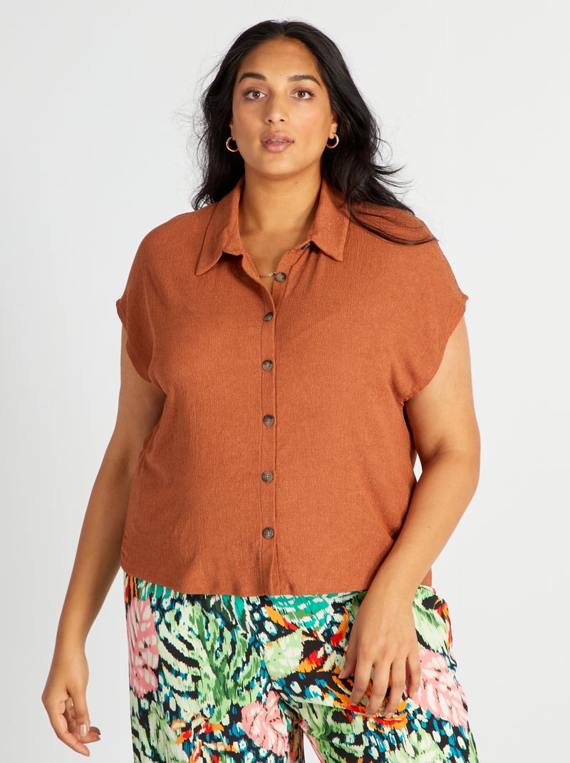 Chemise en maille crêpe et manches extra-courtes Marron glacé - Kiabi
