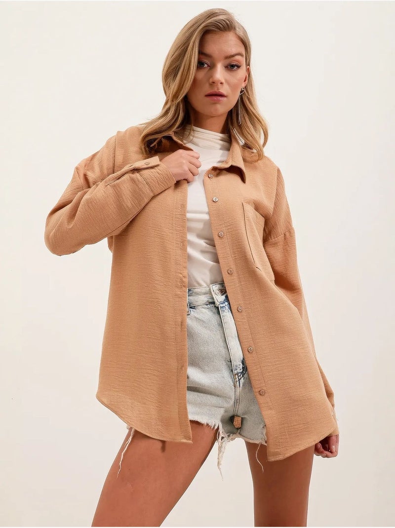 Chemise en mélange de lin avec fermeture à boutons bdart Camel - Kiabi