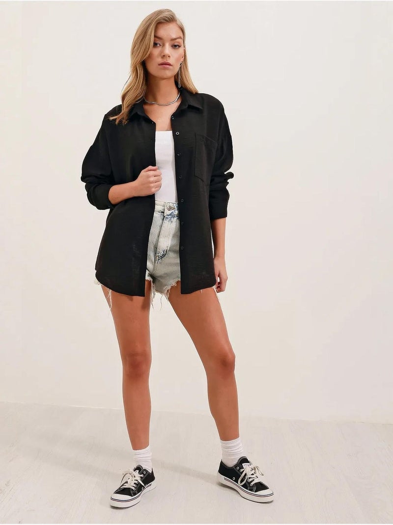 Chemise en mélange de lin avec fermeture à boutons bdart Noir - Kiabi