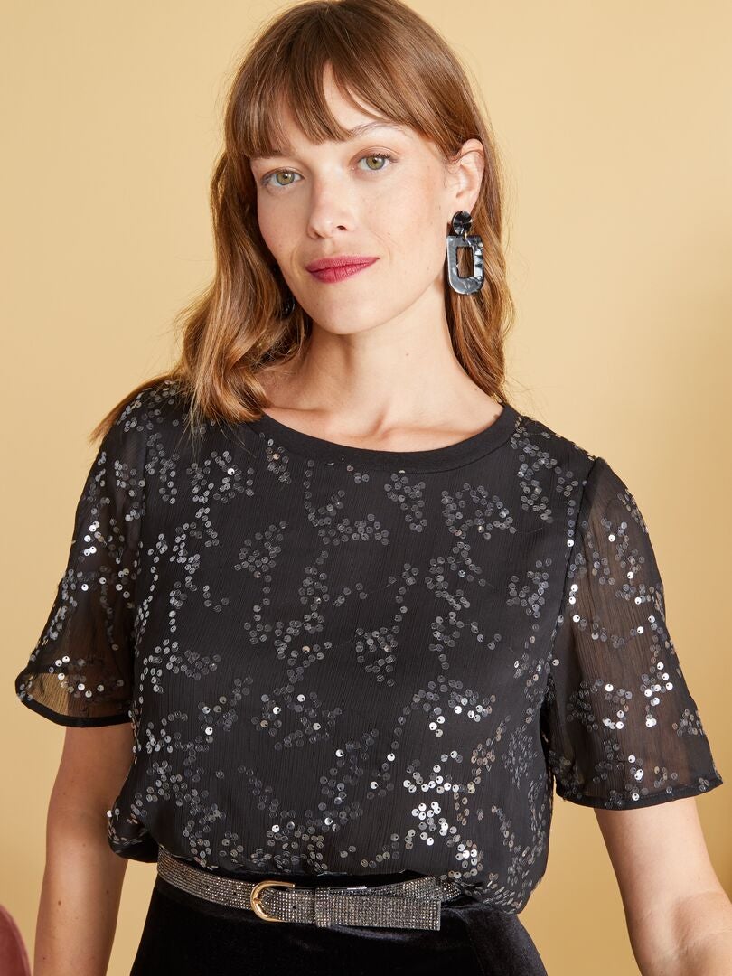 Chemise en mesh à sequins noir - Kiabi