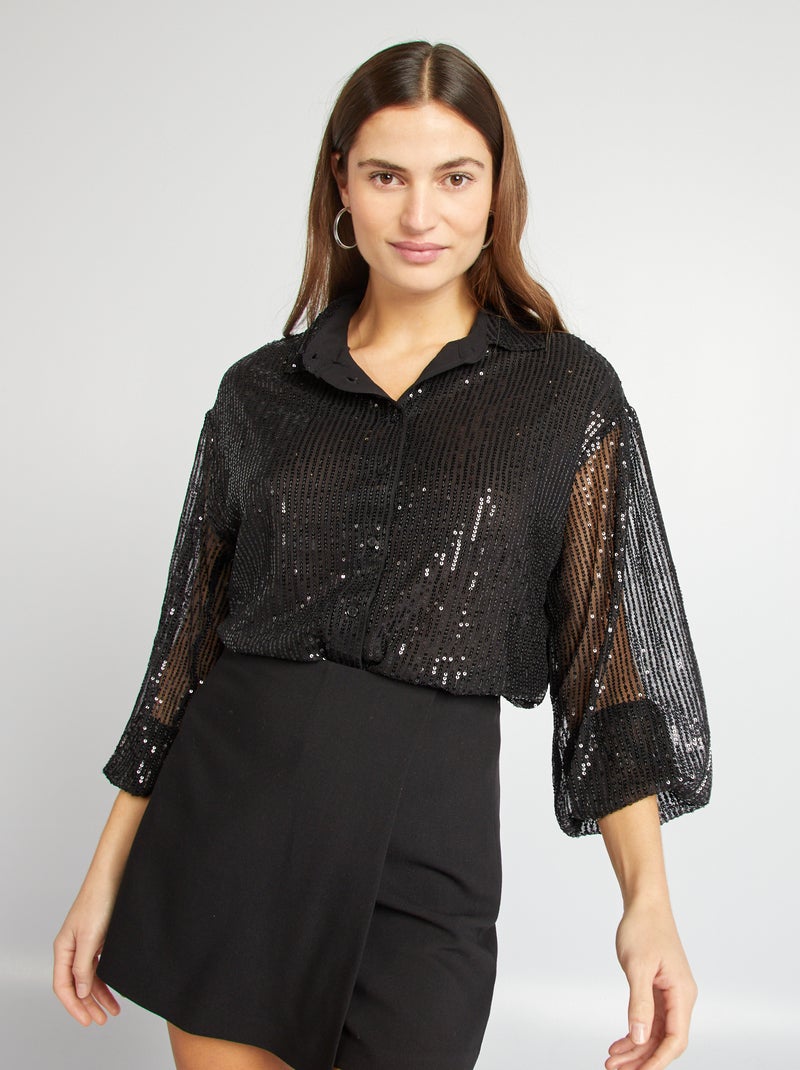 Chemise en mesh à sequins noir - Kiabi