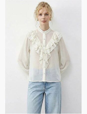 Chemise en mousseline à manches longues et col mandarin à volants lucci