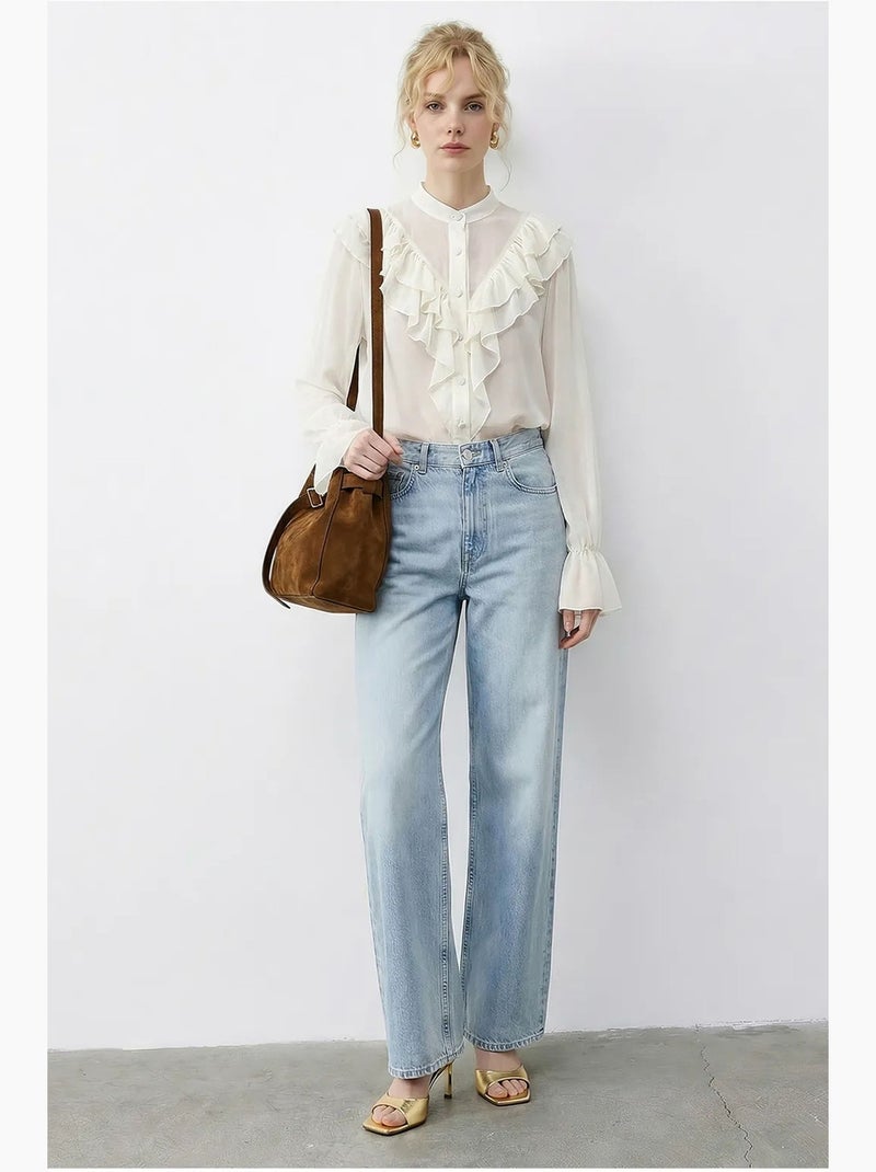 Chemise en mousseline à manches longues et col mandarin à volants lucci Crème - Kiabi
