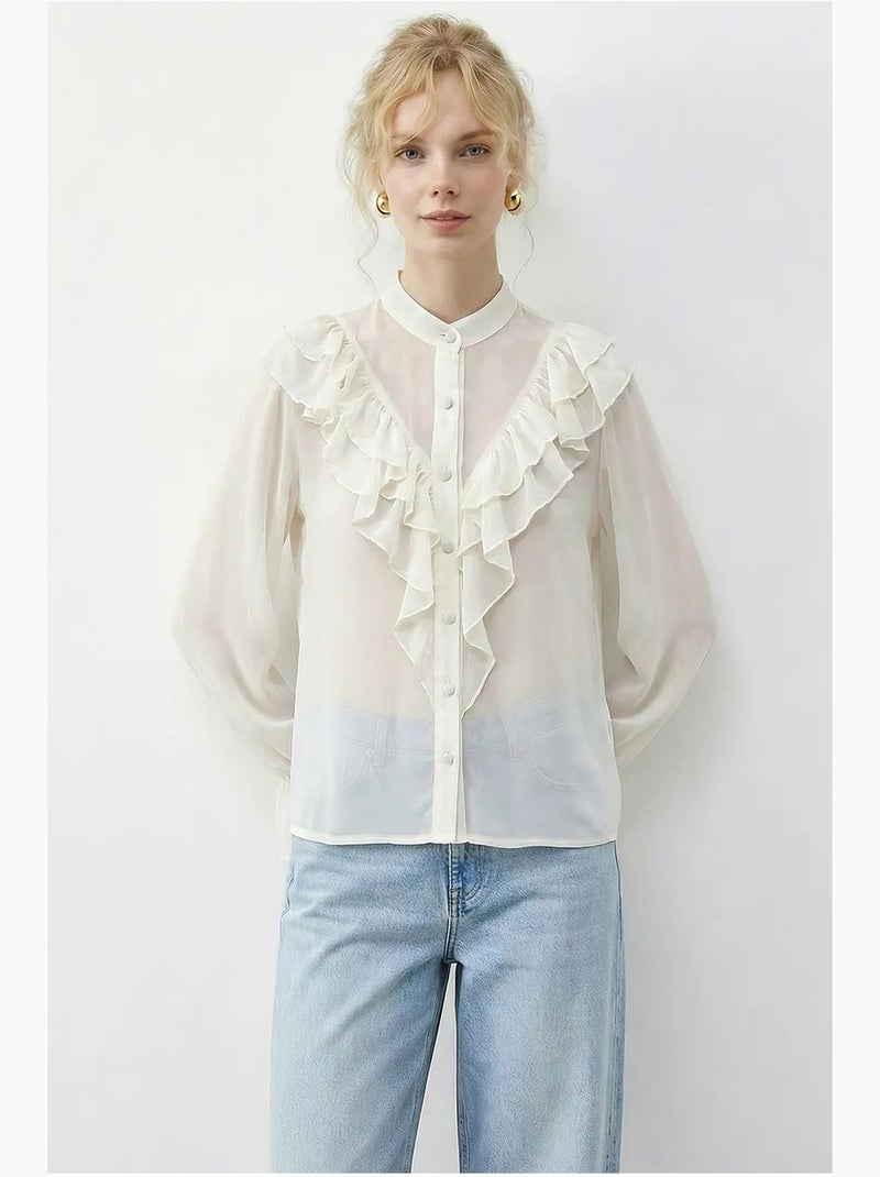 Chemise en mousseline à manches longues et col mandarin à volants lucci Crème - Kiabi
