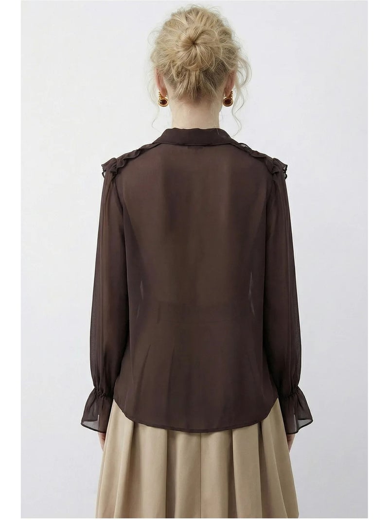 Chemise en mousseline à manches longues et col mandarin à volants lucci Marron foncé - Kiabi