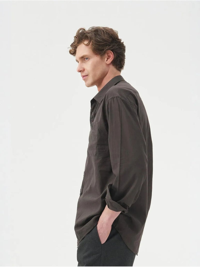 Chemise en popeline à manches longues coupe régulière giesto Gris Noir - Kiabi