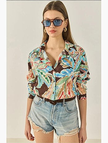 Chemise en popeline à motifs et col en v à manches longues lucci