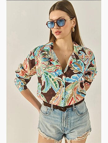 Chemise en popeline à motifs et col en v à manches longues lucci
