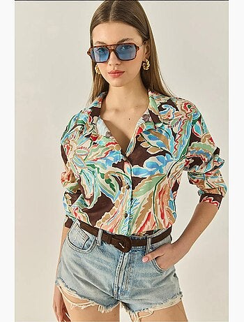 Chemise en popeline à motifs et col en v à manches longues lucci