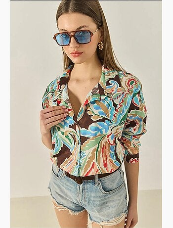 Chemise en popeline à motifs et col en v à manches longues lucci
