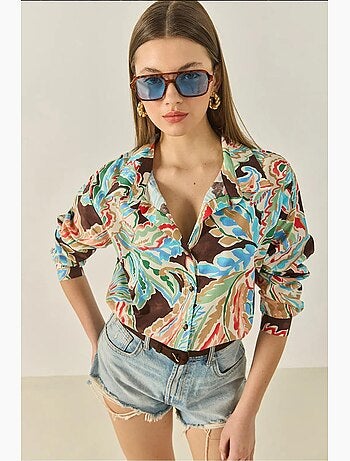 Chemise en popeline à motifs et col en v à manches longues lucci