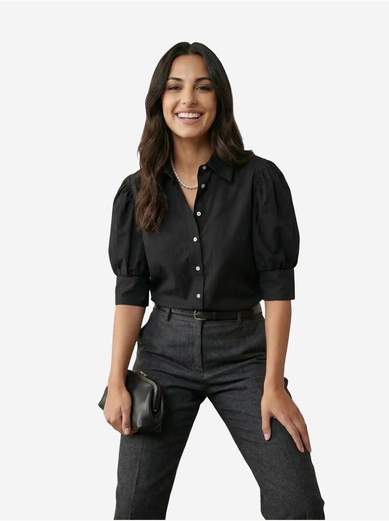 Chemise en popeline boutonnée à col chemise my fashion Noir - Kiabi