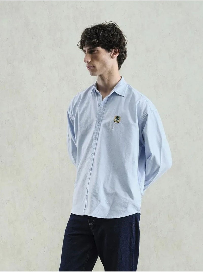Chemise en popeline boutonnée brodée giesto Bleu clair - Kiabi