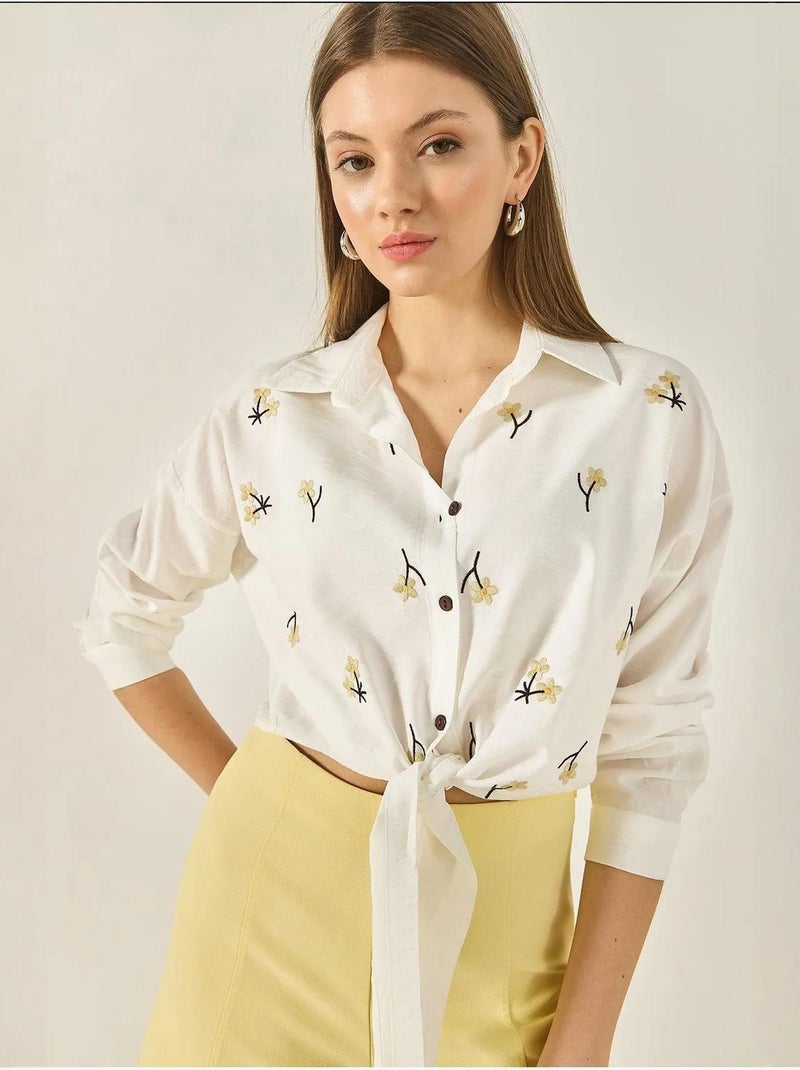 Chemise en popeline brodée avec fermeture à boutons lucci Blanc - Kiabi