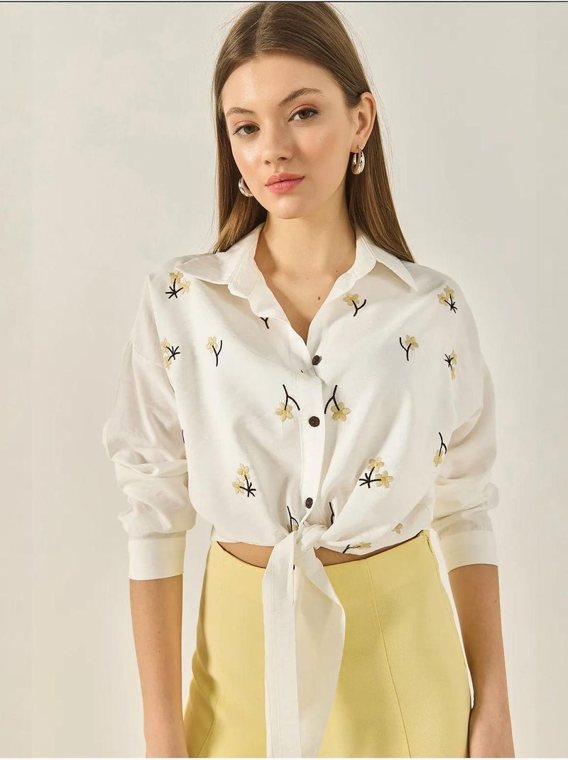 Chemise en popeline brodée avec fermeture à boutons lucci Blanc - Kiabi