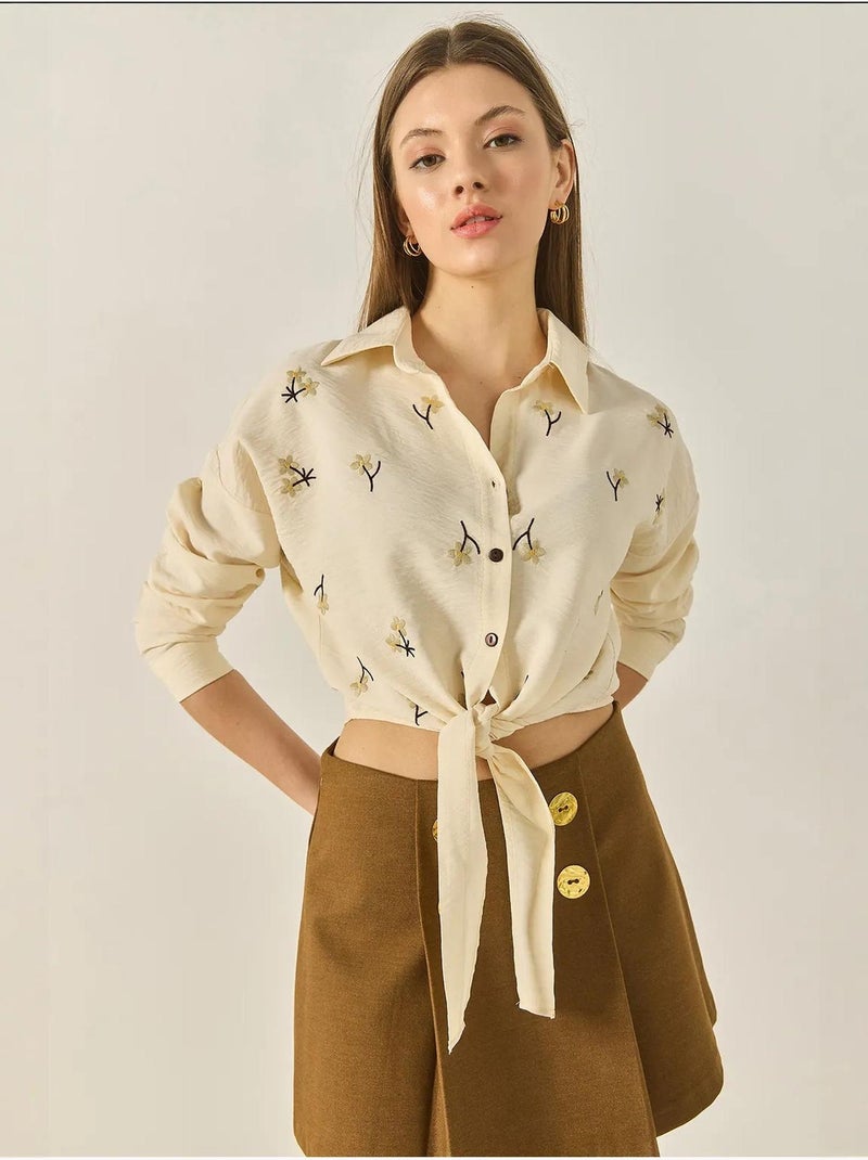 Chemise en popeline brodée avec fermeture à boutons lucci Crème - Kiabi